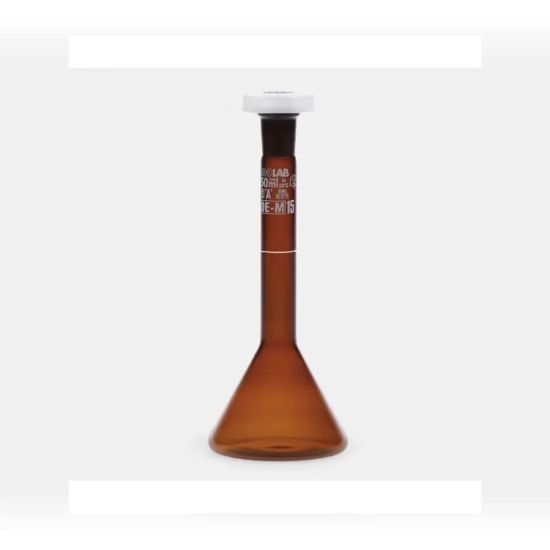 İSOLAB balon joje trapezoidal amber A kalite grup sertifikalı beyaz skala 20 ml NS 10/19