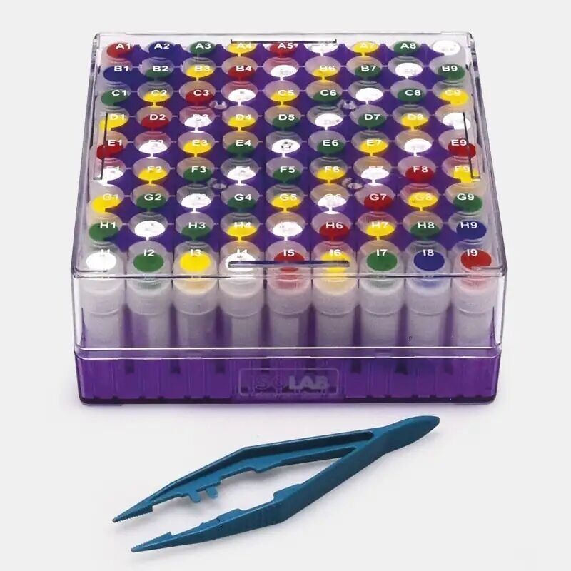 İSOLAB cryo tüp kutusu polikarbonat 2 ml tüpler için menteşeli kapaklı rubi