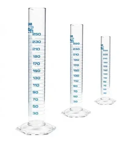 İSOLAB mezür çalkalama hexagonal cam tabanlı A kalite grup sertifikalı mavi skala 25 ml